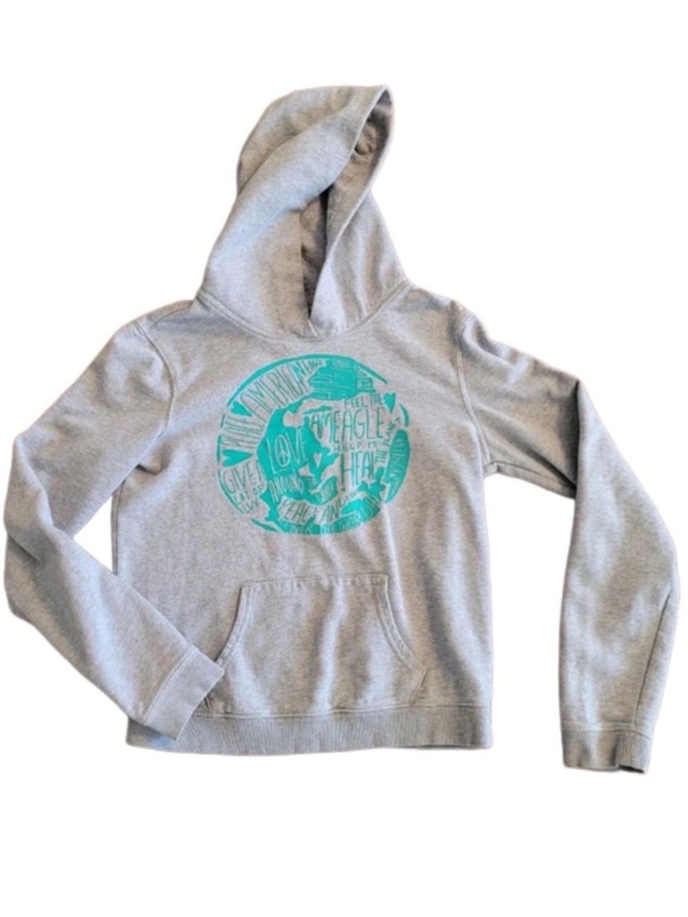 American Eagle Outfitters Grey Hoodie Sweatshirt with Teal Graphic